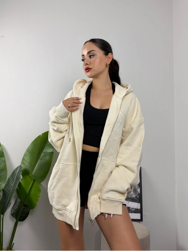 Krem Blkvis Fermuarlı Oversize Hoddie Sweat