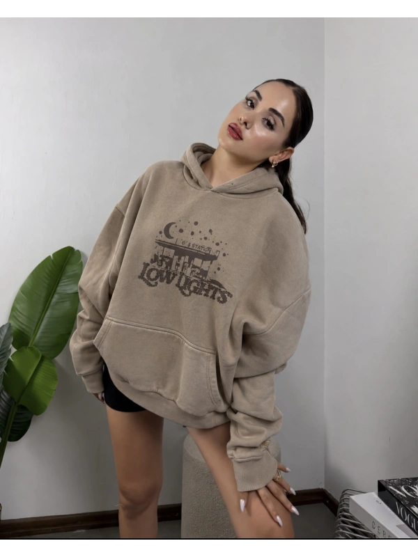 LLS Deri Detaylı Baskılı Oversize Hoodie Sweat