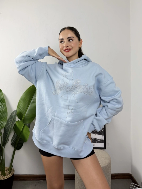 Low Lights Studios Star Taşlı Bebe Mavisi Oversize Hoddie Sweat