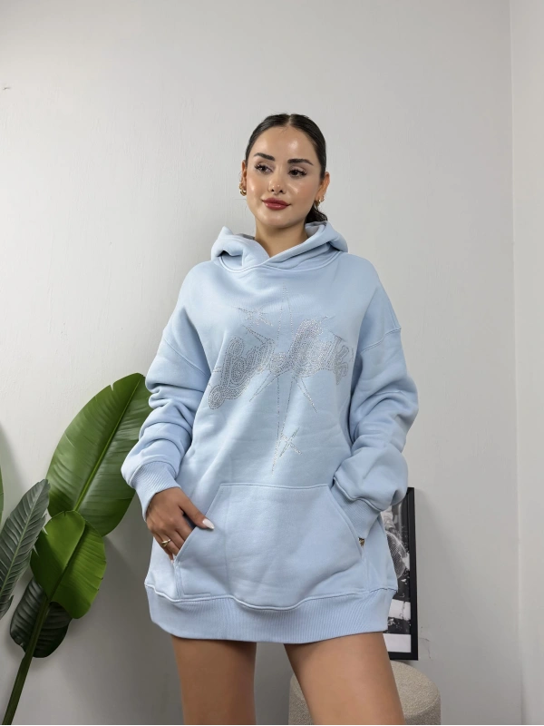 Low Lights Studios Star Taşlı Bebe Mavisi Oversize Hoddie Sweat