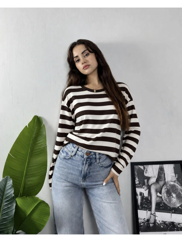 Massimo Orj Marka Çizgili Kahve Oversize Sweatshirt