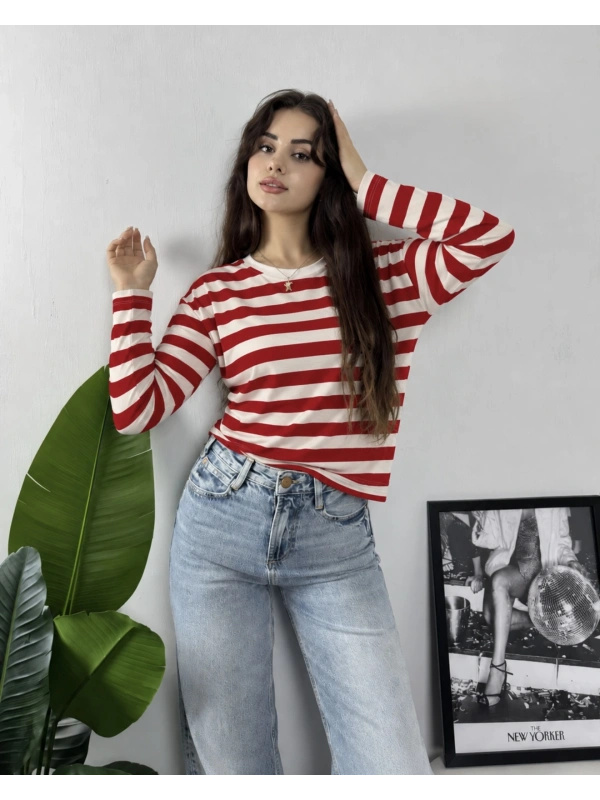 Massimo Orj Marka Çizgili Kırmızı Oversize Sweatshirt