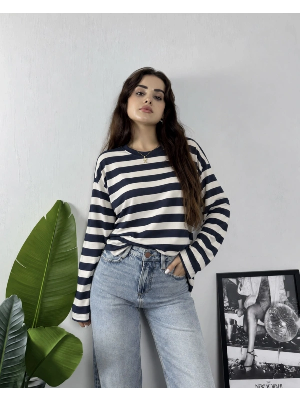 Massimo Orj Marka Çizgili Lacivert Oversize Sweatshirt