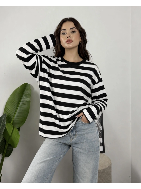 Massimo Orj Marka Çizgili Siyah Oversize Sweatshirt