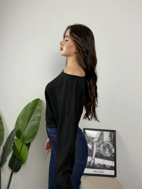 Milena Düşük Omuz Rahat Kesim Bluz Siyah