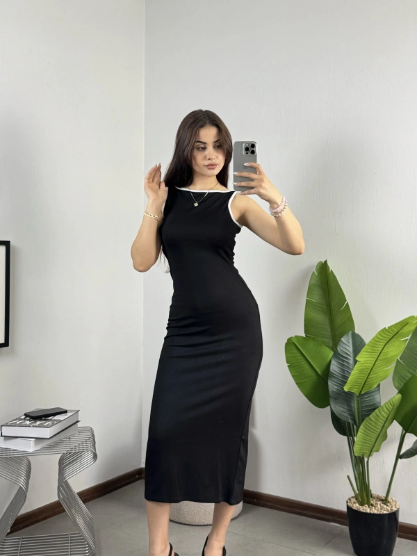 N-Look Orj Marka Siyah Beyaz Biyeli Maxi Elbise