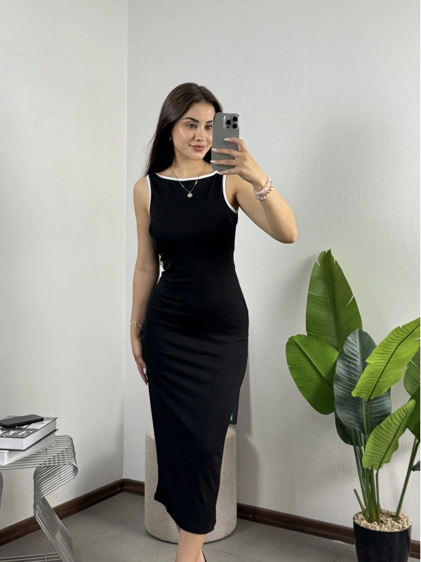 N-Look Orj Marka Siyah Beyaz Biyeli Maxi Elbise