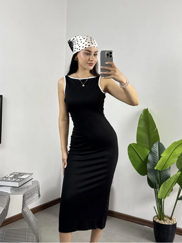 N-Look Orj Marka Siyah Beyaz Biyeli Maxi Elbise
