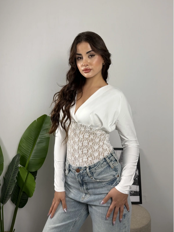 Nocturne Dantel Detaylı Transparan Bodysuit Beyaz