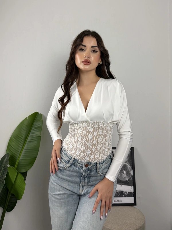 Nocturne Dantel Detaylı Transparan Bodysuit Beyaz
