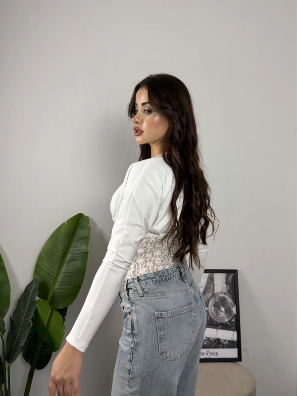 Nocturne Dantel Detaylı Transparan Bodysuit Beyaz