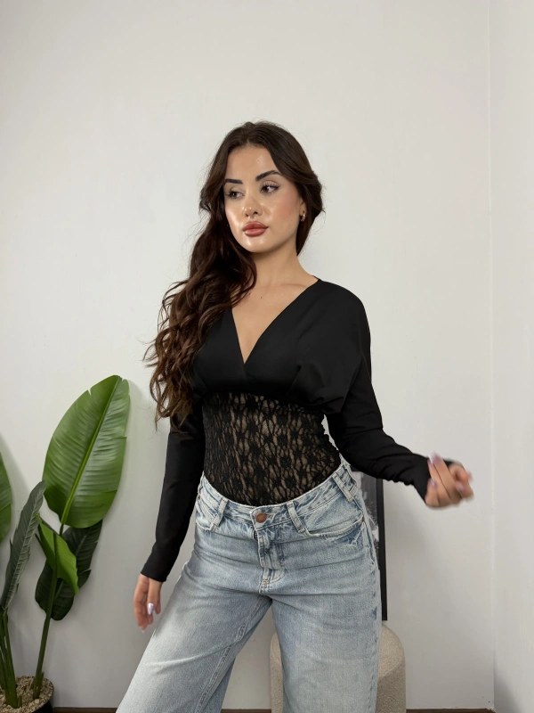 Nocturne Dantel Detaylı Transparan Bodysuit Siyah