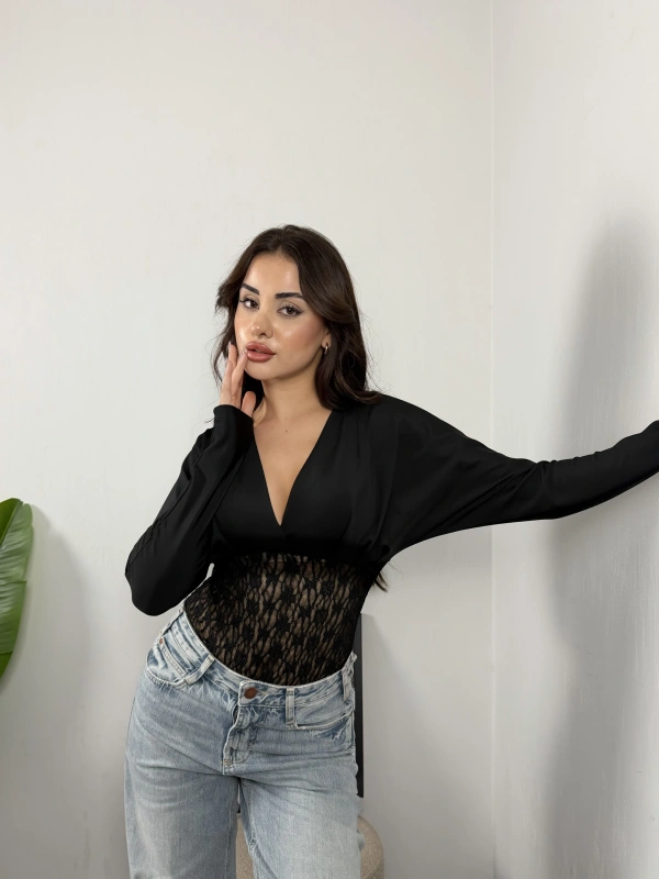 Nocturne Dantel Detaylı Transparan Bodysuit Siyah