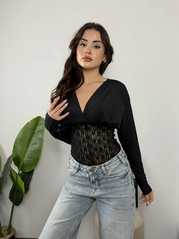 Nocturne Dantel Detaylı Transparan Bodysuit Siyah