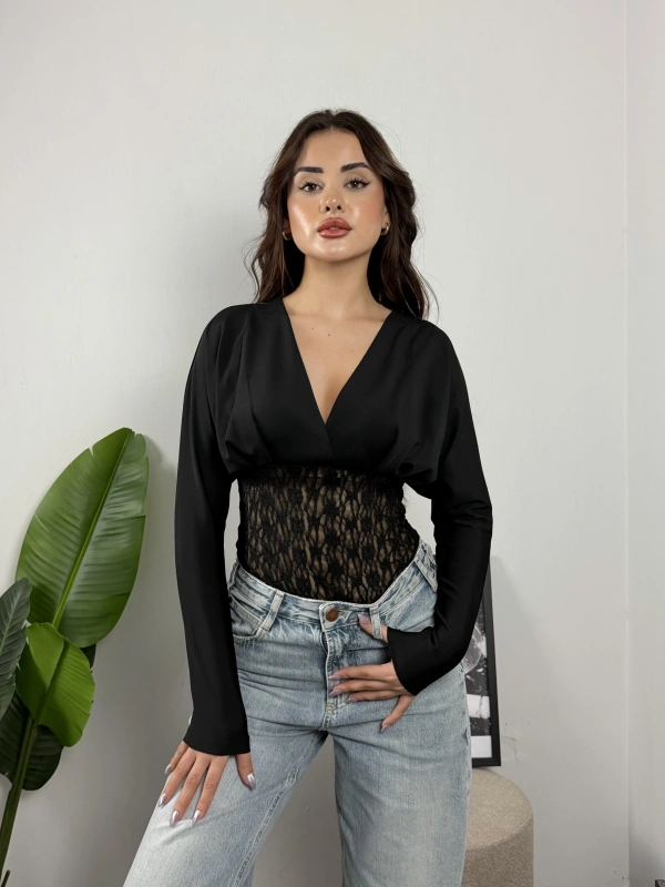 Nocturne Dantel Detaylı Transparan Bodysuit Siyah