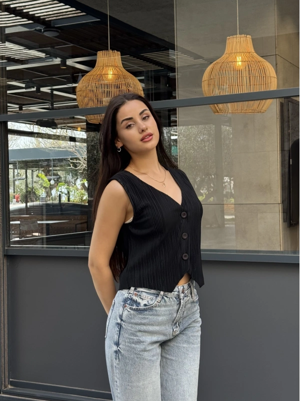 Noir Fitilli Crop Yelek