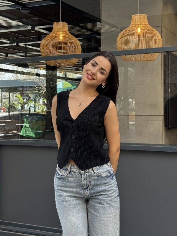 Noir Fitilli Crop Yelek