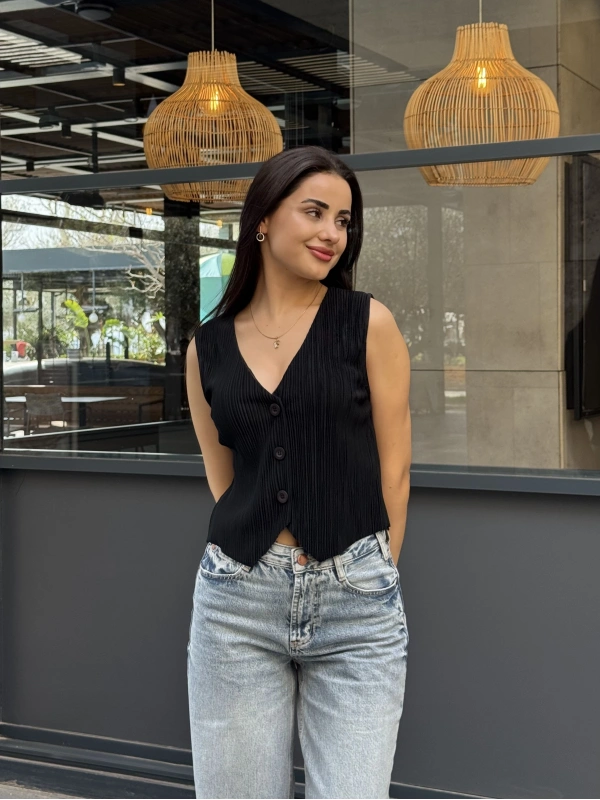 Noir Fitilli Crop Yelek