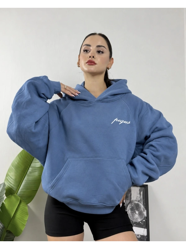 Pequs İndigo Mavi Oversize Hoodie Sweat