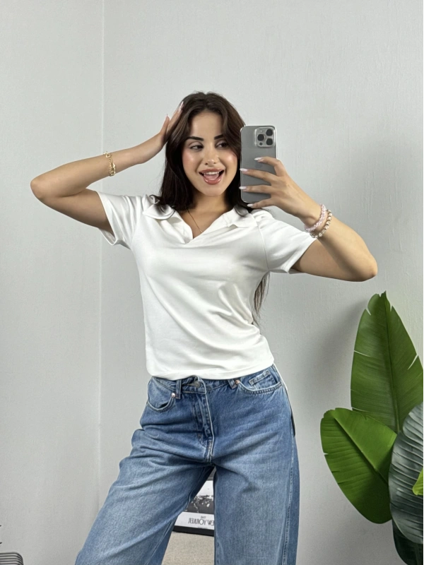 Polo Yaka Modal Crop Tshirt Beyaz