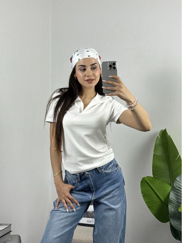 Polo Yaka Modal Crop Tshirt Beyaz