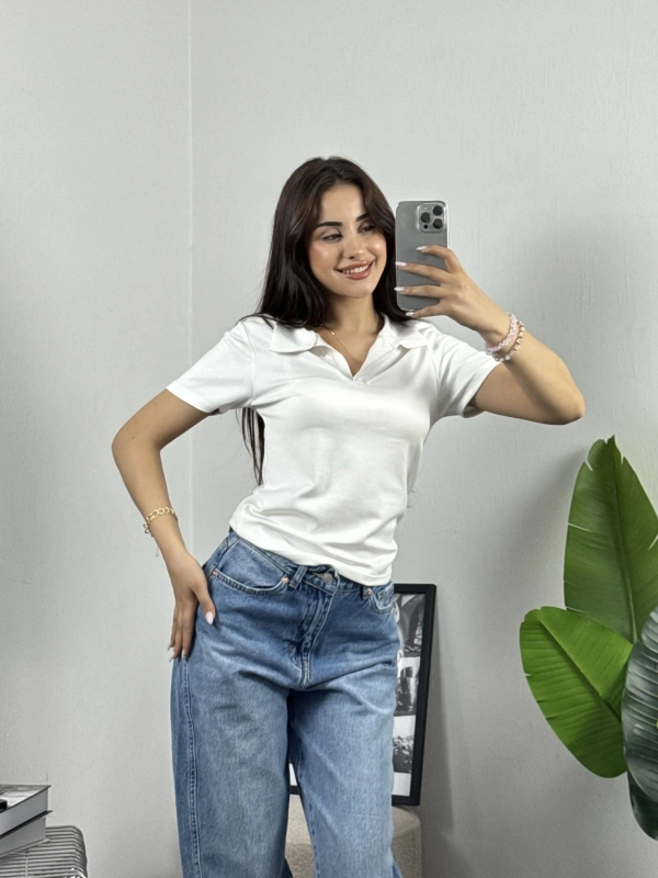 Polo Yaka Modal Crop Tshirt Beyaz