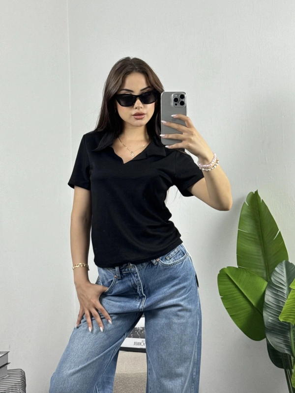 Polo Yaka Modal Crop Tshirt Siyah