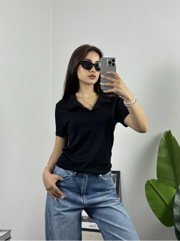 Polo Yaka Modal Crop Tshirt Siyah