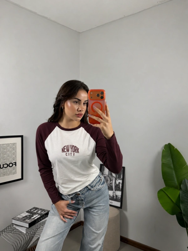 Reglan Kol NYC Baskılı Bluz Bordo