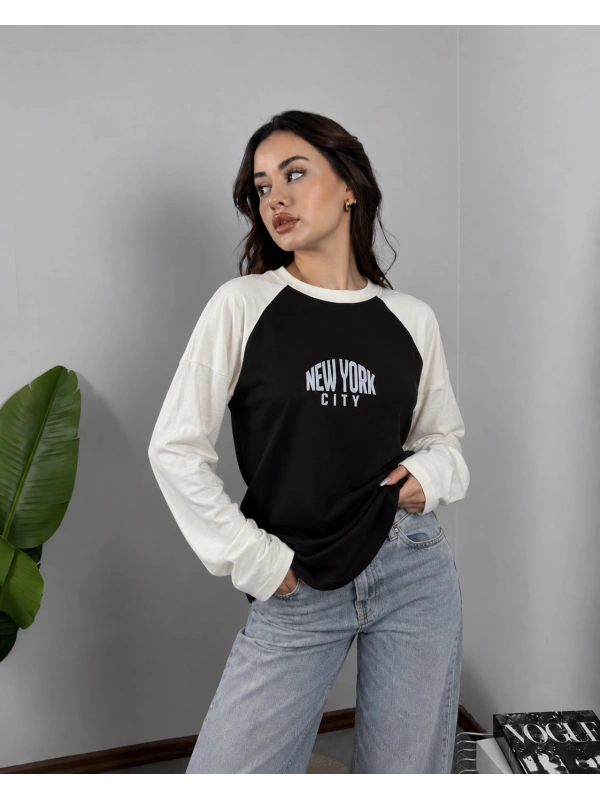 Reglan Kol NYC Baskılı Bluz Siyah
