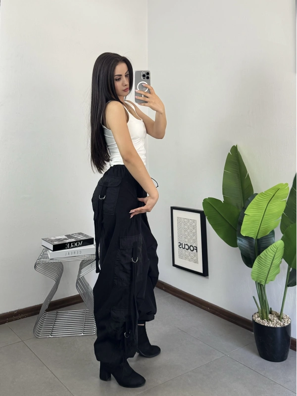 Siyah Tactical Stoperli Unisex Kargo Pantolon