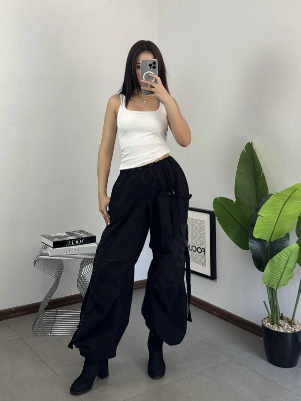 Siyah Tactical Stoperli Unisex Kargo Pantolon