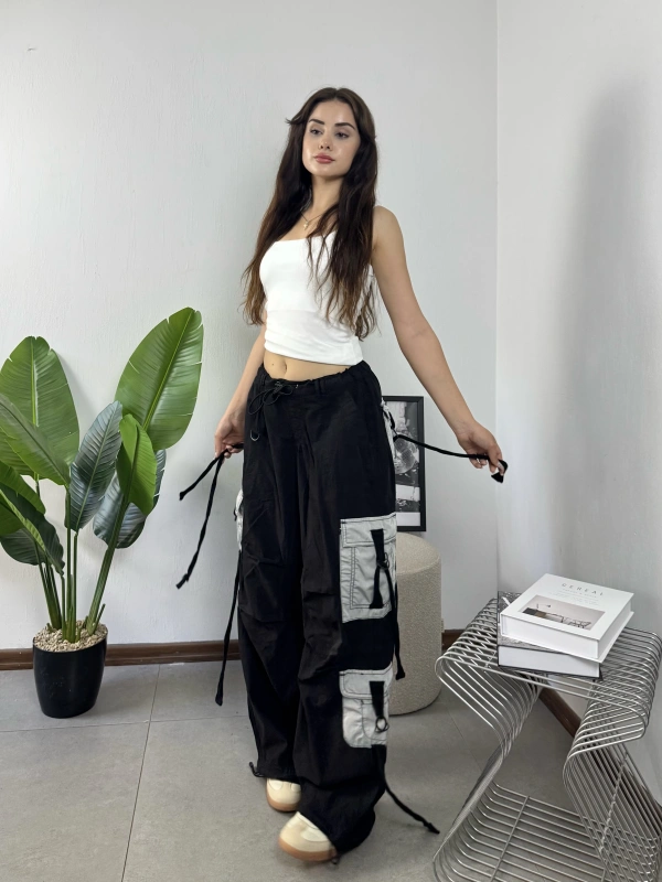 Siyah Tactical Stoperli Unisex Petek Cepli Kargo Pantolon