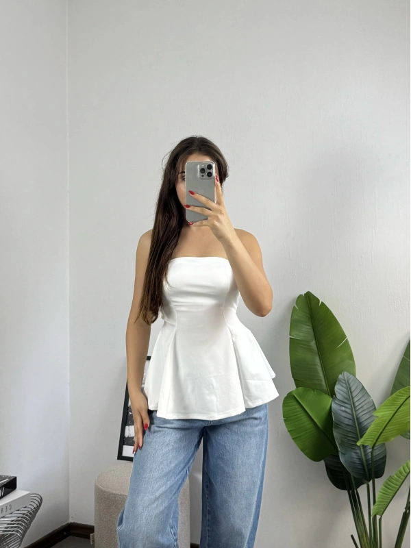 Straplez Volanlı Bluz Beyaz