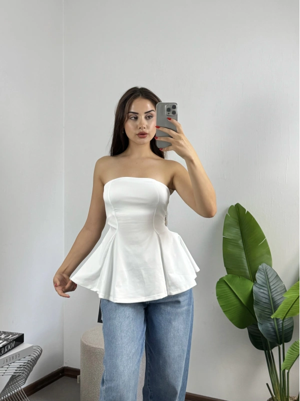Straplez Volanlı Bluz Beyaz