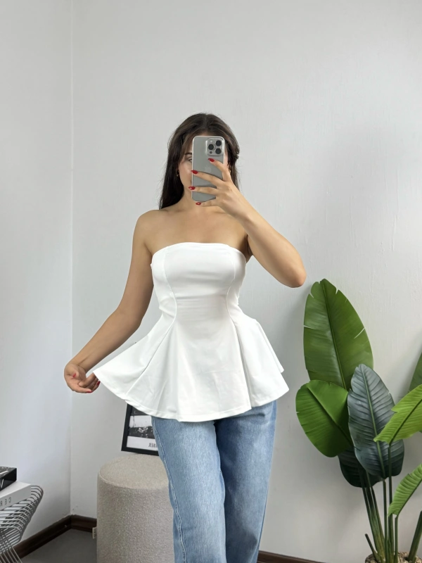 Straplez Volanlı Bluz Beyaz