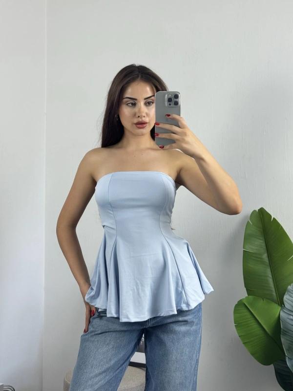 Straplez Volanlı Bluz Mavi