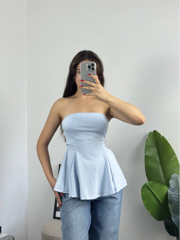 Straplez Volanlı Bluz Mavi