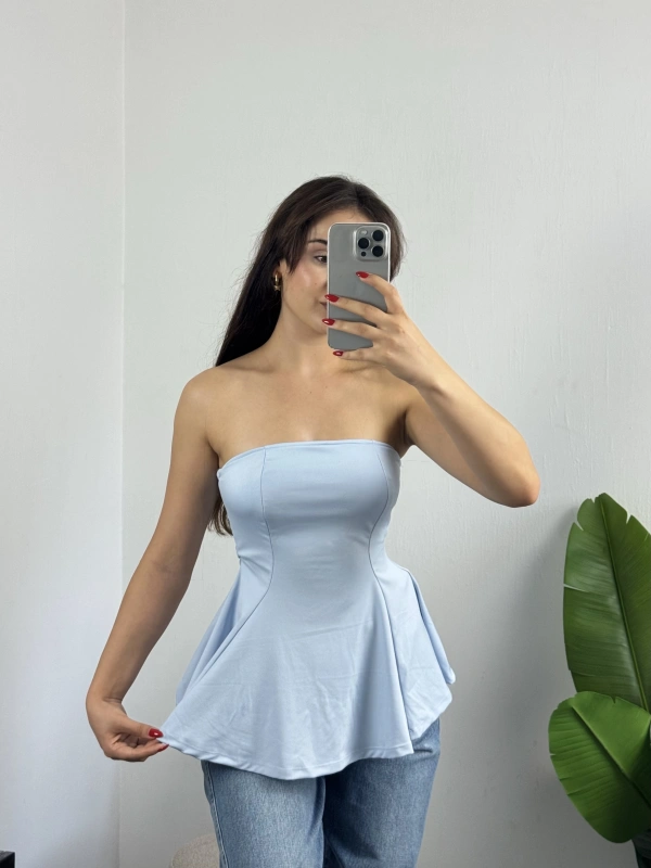 Straplez Volanlı Bluz Mavi