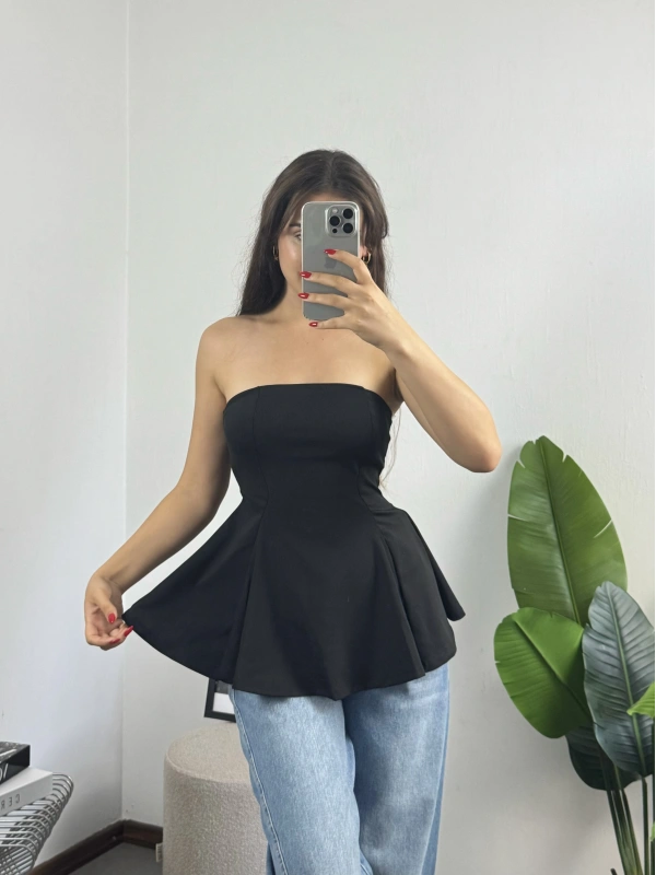 Straplez Volanlı Bluz Siyah