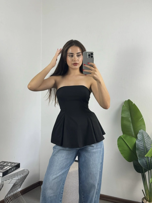 Straplez Volanlı Bluz Siyah