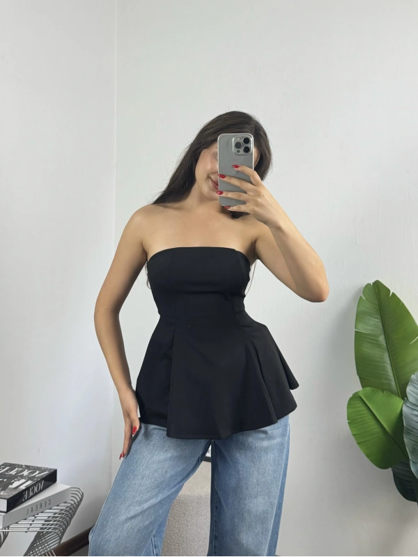 Straplez Volanlı Bluz Siyah