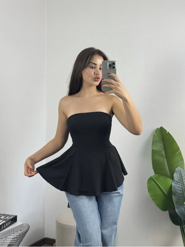 Straplez Volanlı Bluz Siyah