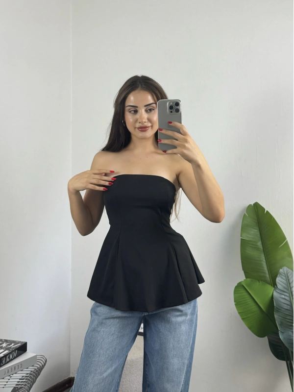 Straplez Volanlı Bluz Siyah