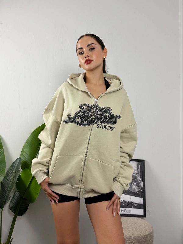 Taş Rengi LLS Fermuarlı Nakışlı Hoddie Sweat