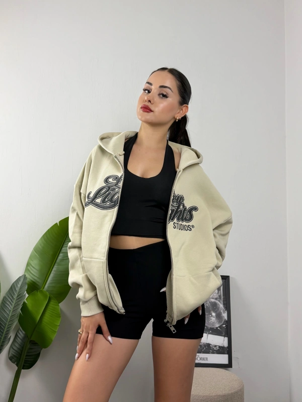 Taş Rengi LLS Fermuarlı Nakışlı Hoddie Sweat