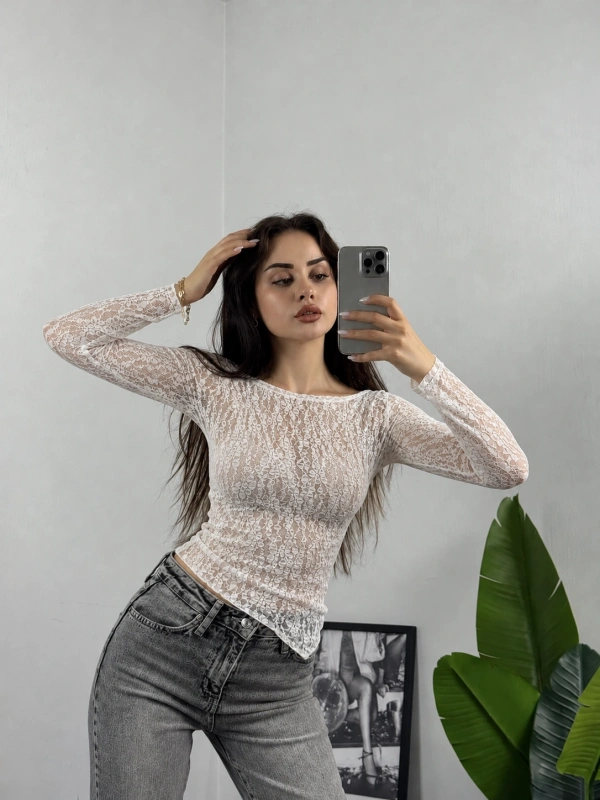 Transparan Dantelli Çapraz Kesim Bluz