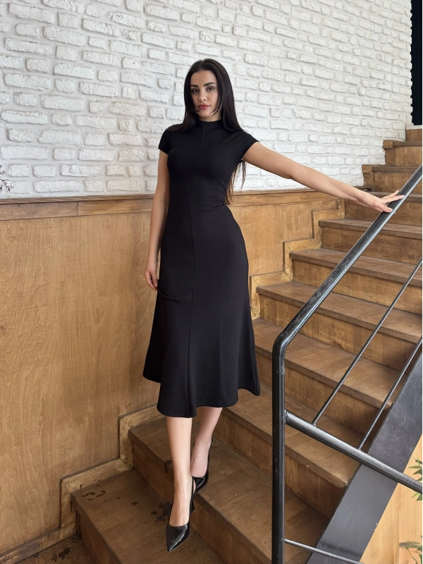 Valeria Hakim Yaka Orj Marka Midi Elbise Siyah