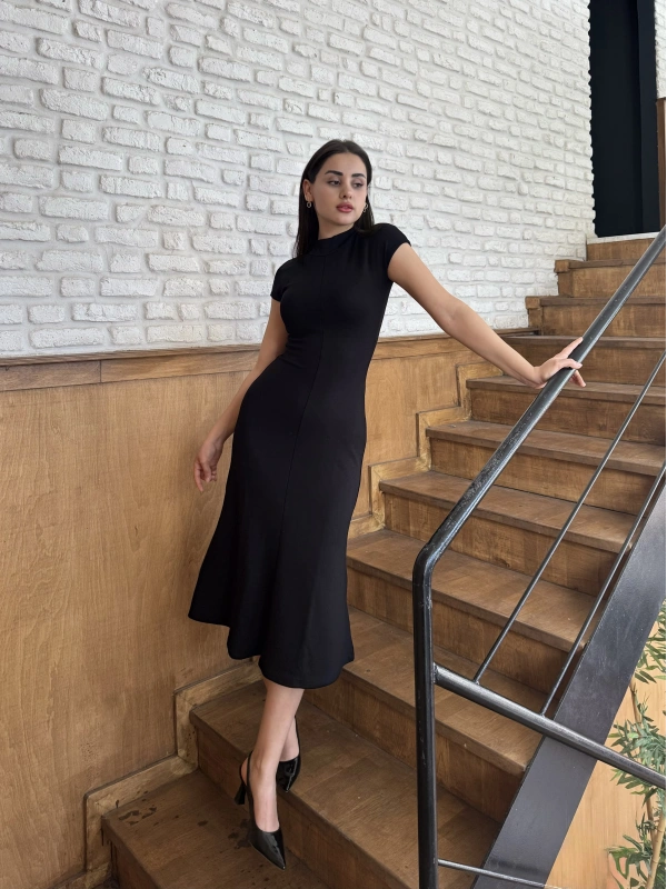 Valeria Hakim Yaka Orj Marka Midi Elbise Siyah