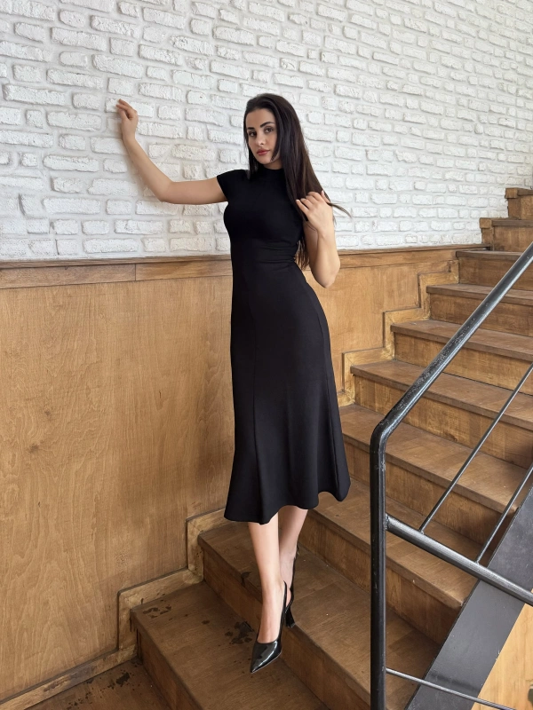 Valeria Hakim Yaka Orj Marka Midi Elbise Siyah